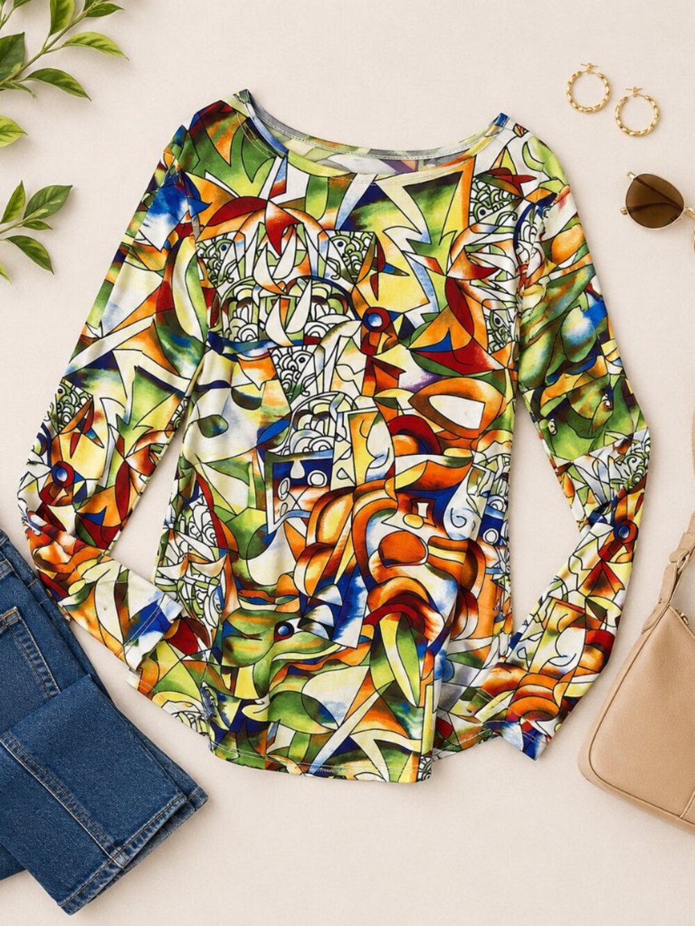 Vintage Joscar Abstract Art Top Large Made in USA 90s Blouse